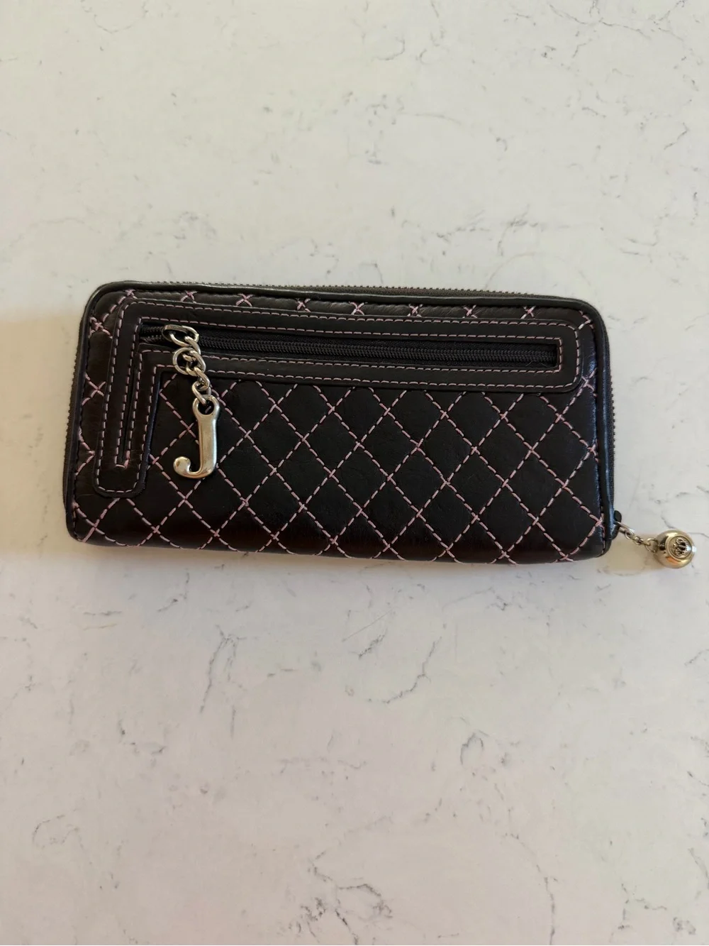 Juicy Couture Brown Quilted Zip-Around Wallet with Pink Stitching - Picture 2 of 3